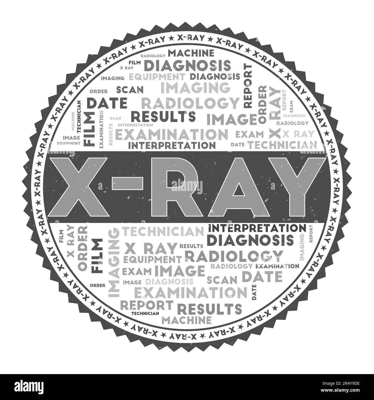 X RAY word image. X-ray concept with word clouds and round text. Nice colors and grunge texture. Appealing vector illustration. Stock Vector