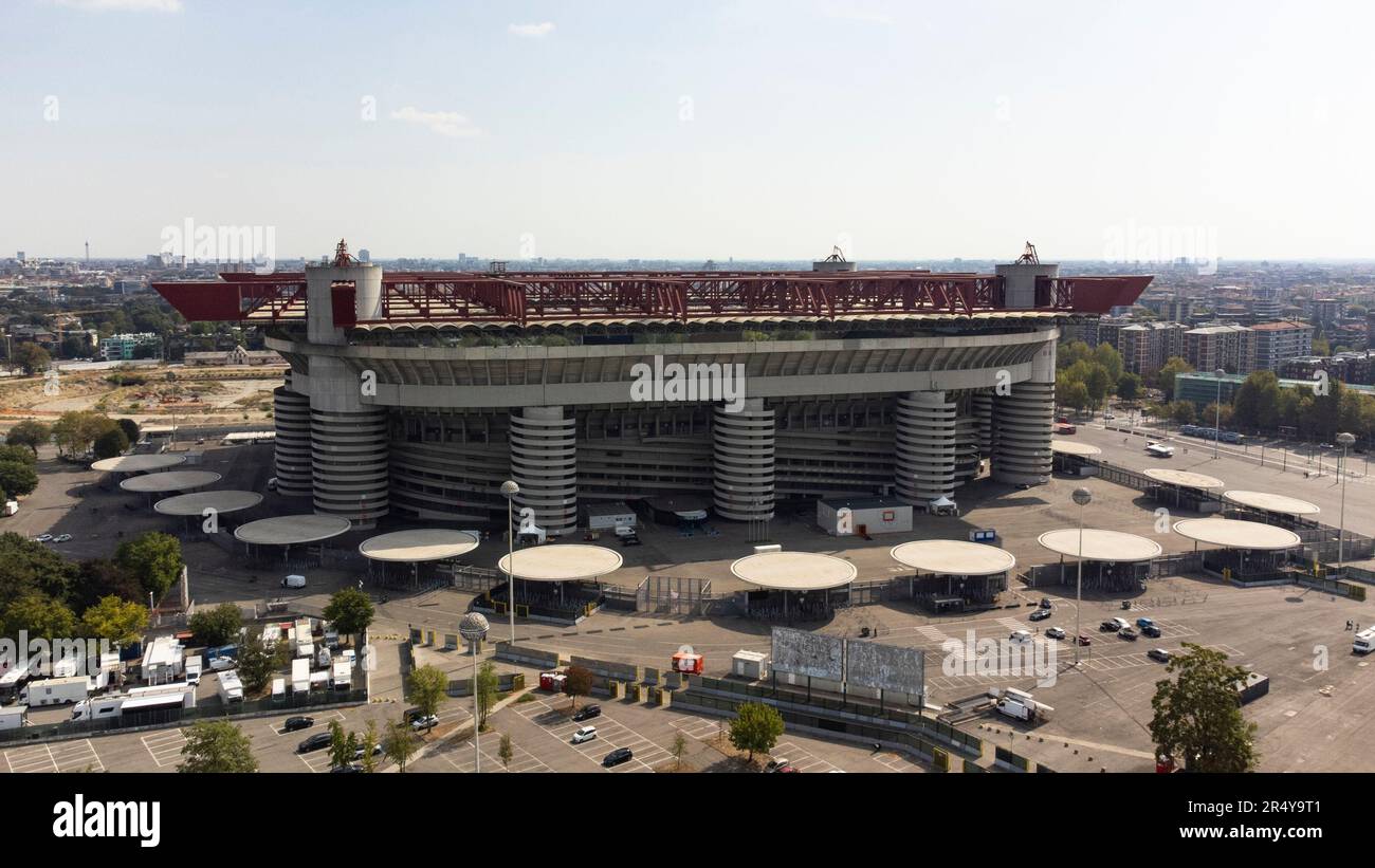 Aerial view of the Stadio Giuseppe Meazza, commonly known as the San Siro Stadium in Milan, home to AC Milan FC and Inter Milan FC. It was also once known as Stadio Comunale di San Siro Stock Photo