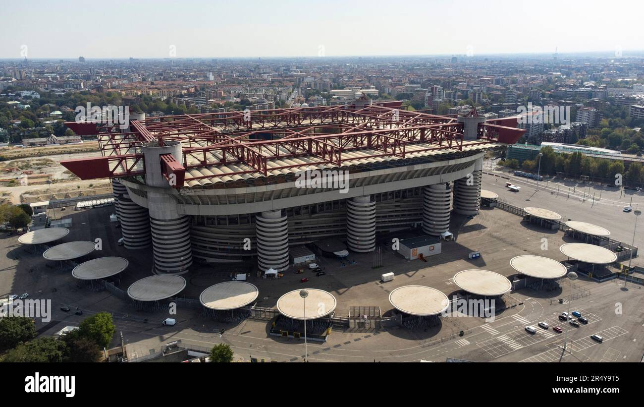 Aerial view of the Stadio Giuseppe Meazza, commonly known as the San Siro Stadium in Milan, home to AC Milan FC and Inter Milan FC. It was also once known as Stadio Comunale di San Siro Stock Photo