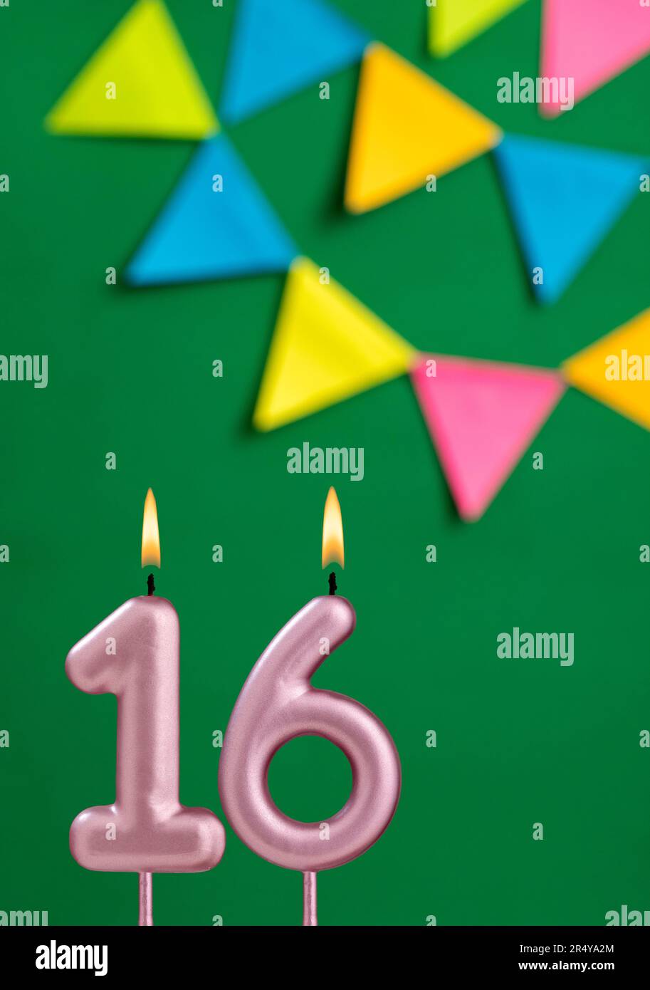 Number 16 birthday candle Anniversary celebration in green color