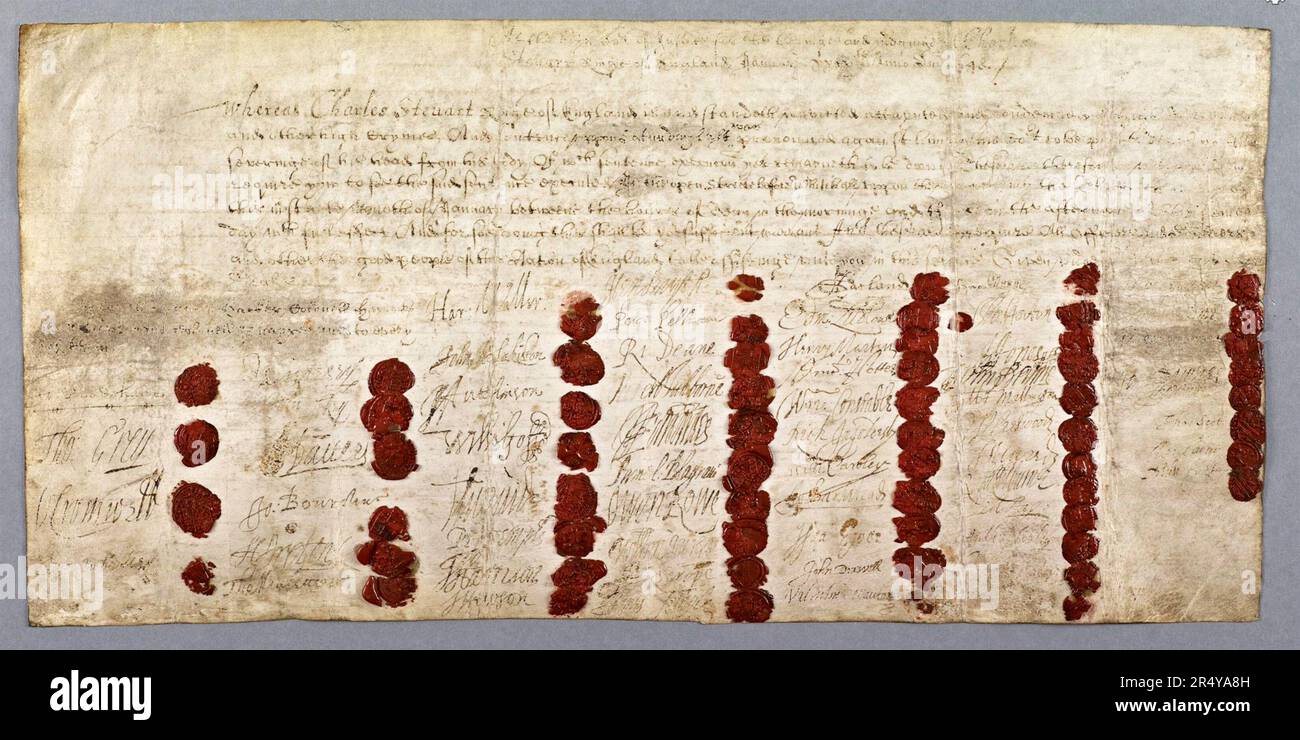 CHARLES I DEATH WARRANT with the signatures and wax seals of the 59 Commissioners. Stock Photo