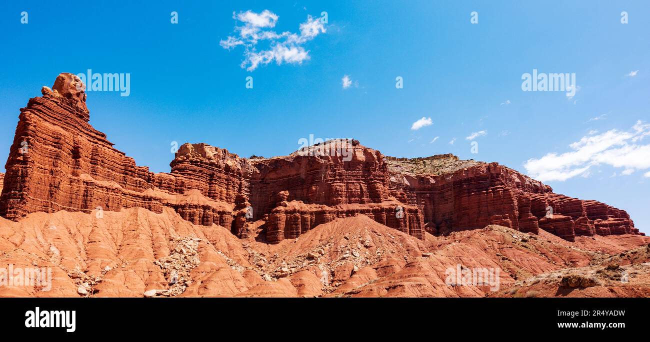 Panorama view; Chimney Rock sandstone formation; Capital Reef National Park; Utah; USA Stock Photo