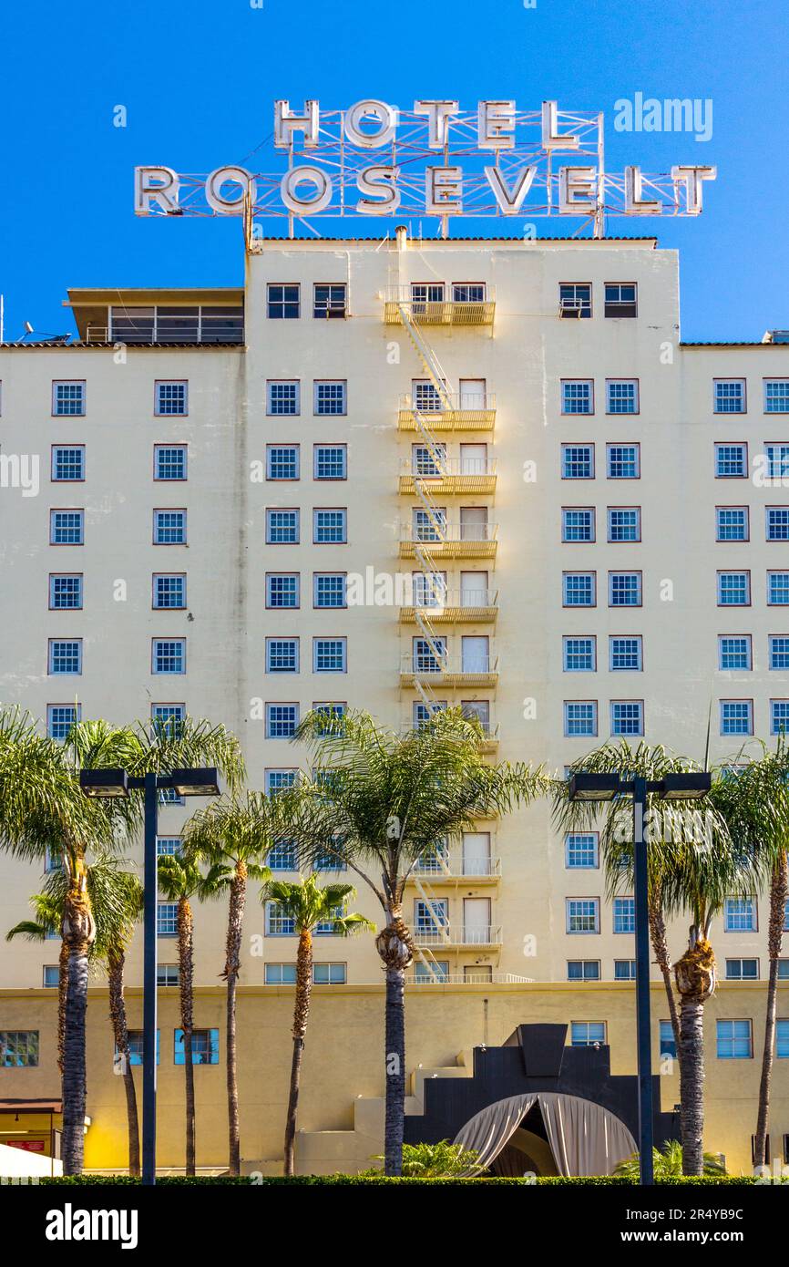 Los Angeles, USA - June 26, 2012: facade of famous historic Roosevelt Hotel in Hollywood, USA. It  first opened on May 15, 1927. It is now managed by Stock Photo