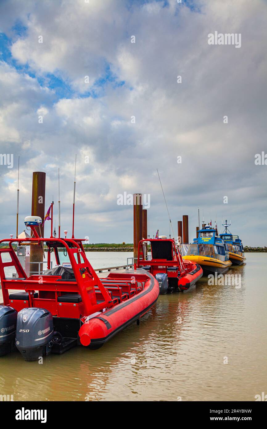 Whale watching boats waiting in Steveston Harbour British Columbia Canada Stock Photo