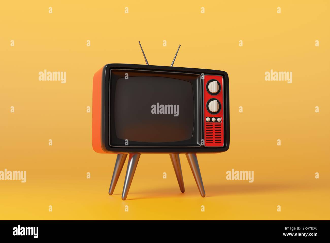 Red retro style television on bright orange background. Illustration of the concept of live broadcasting and telecommunication Stock Photo