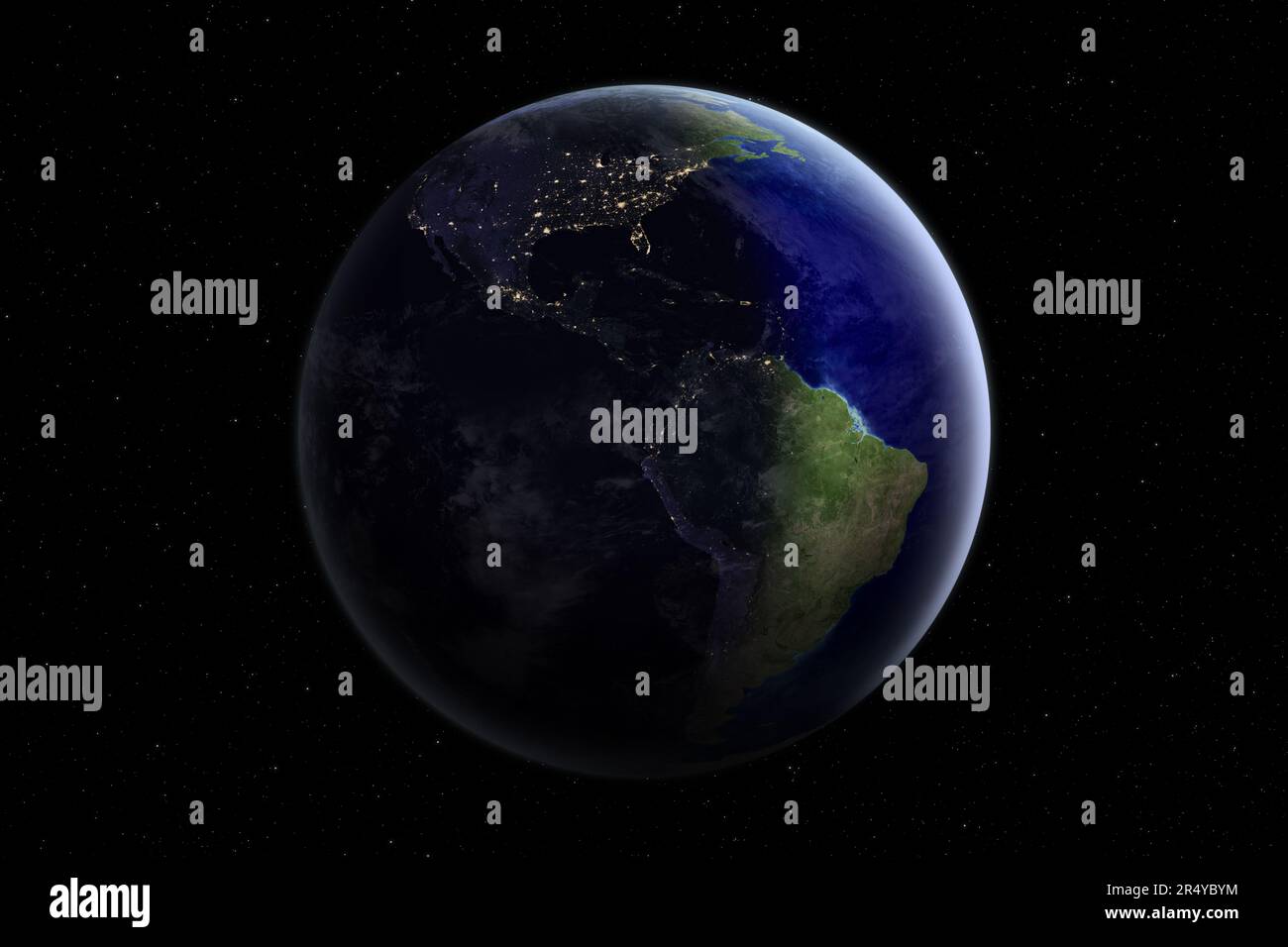 Nightly Earth planet in outer space. North and South America at night ...