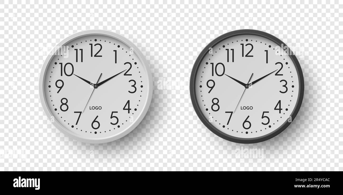 Vector 3d Realistic Round Black, White Color Wall Office Clock with