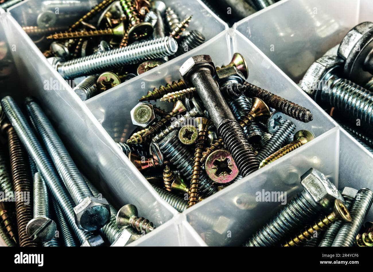 Silver and gold metal screws. Bolts and screws in plastic container. Stock Photo