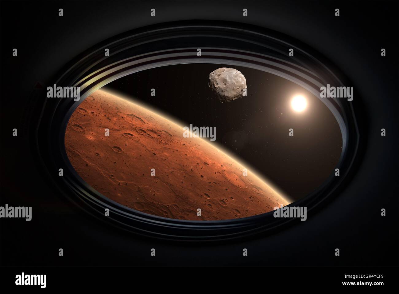 View from porthole of a spaceship to Mars with its moon Phobos. Phobos