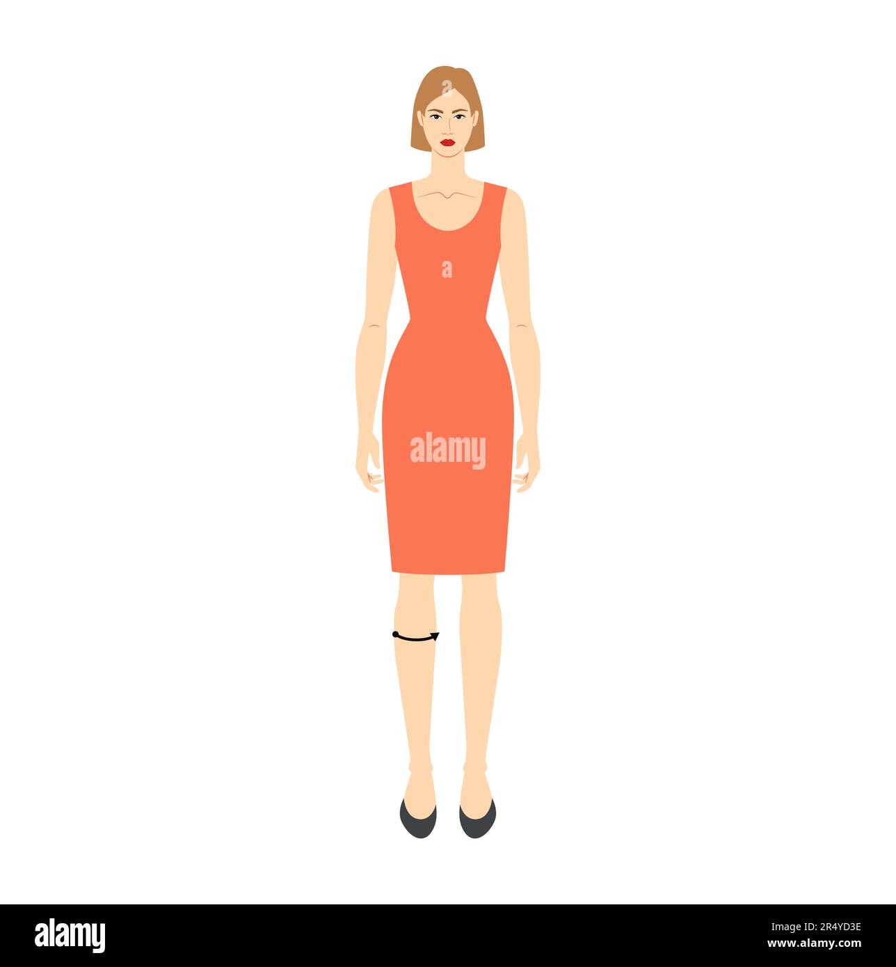Women to do calf measurement body with arrows fashion Illustration for size chart. Flat female character front 8 head size girl in red dress. Human lady infographic template for clothes Stock Vector