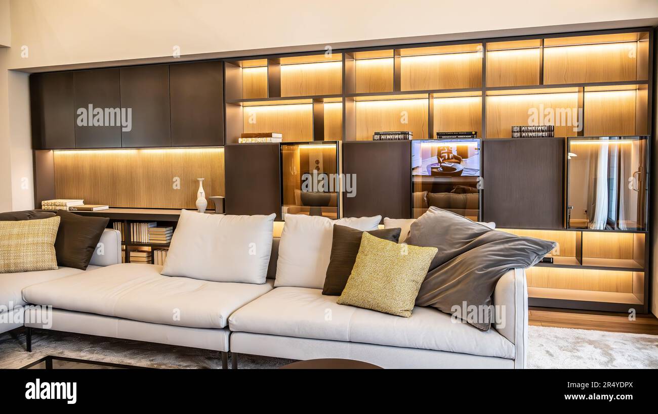 Grand Living Room with Spacious Sliding Glass Doors, Luxurious Sofas