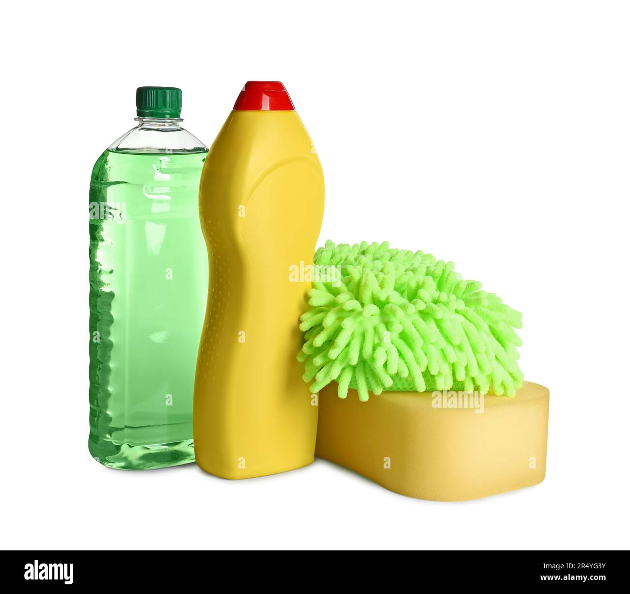 Bottles, sponge and car wash mitt on white background Stock Photo Alamy