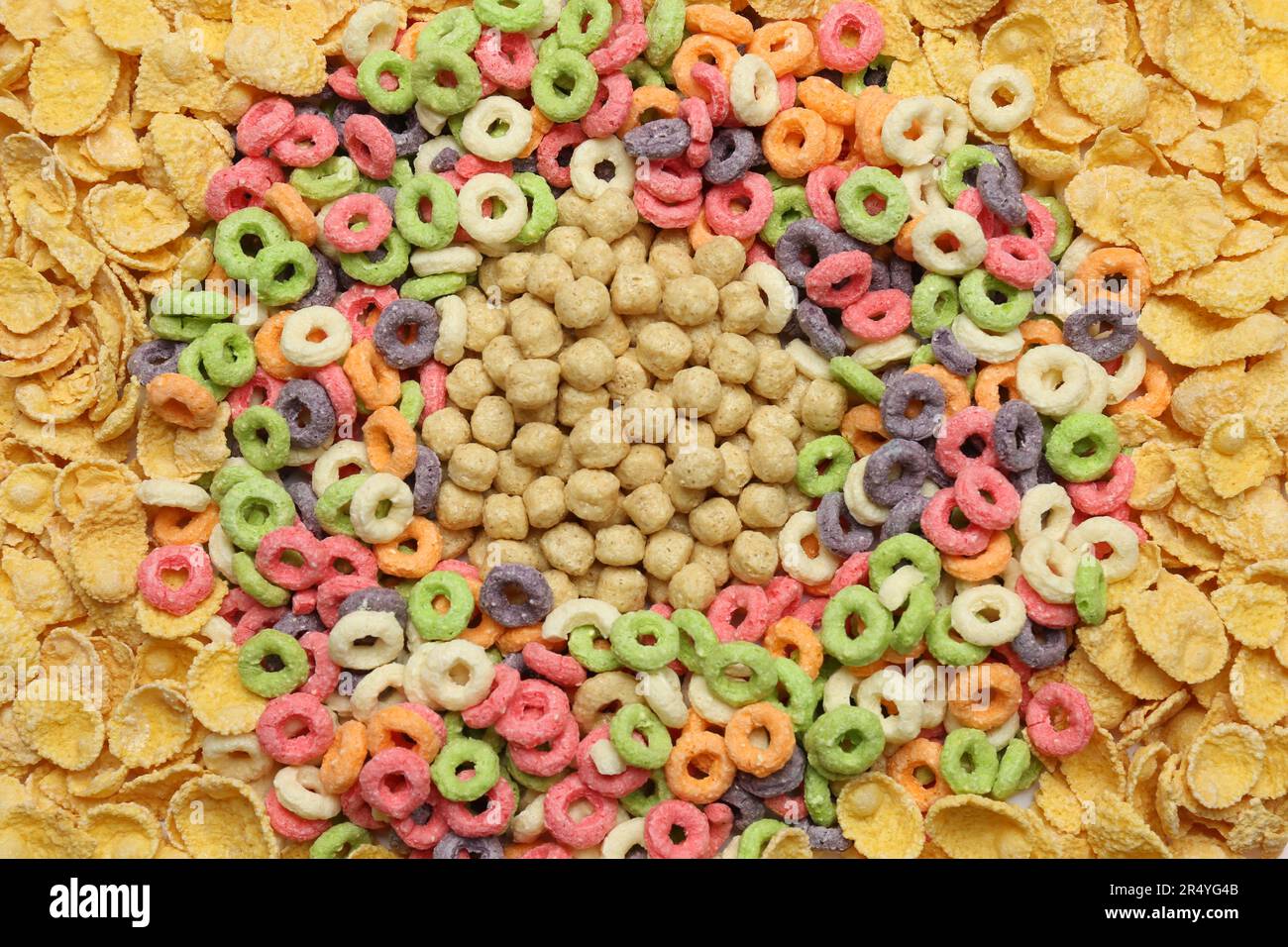 Different types of dry breakfast as background, top view Stock Photo