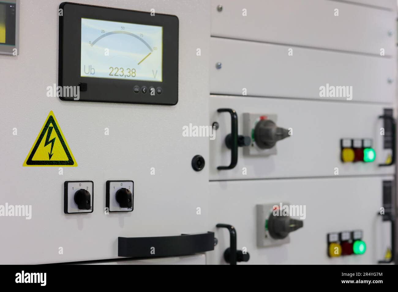 Electric distribution equipment with digital gauge. Selective focus. Stock Photo