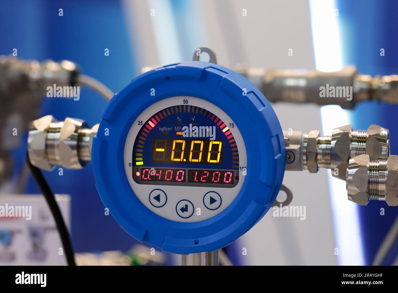 LED readout digital pressure gauge meter. Selective focus Stock Photo