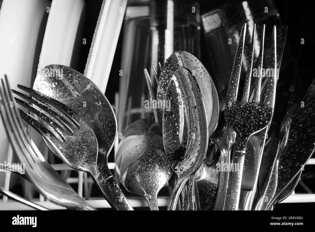 Clean wet plates and cutlery in dishwasher, closeup Stock Photo Alamy