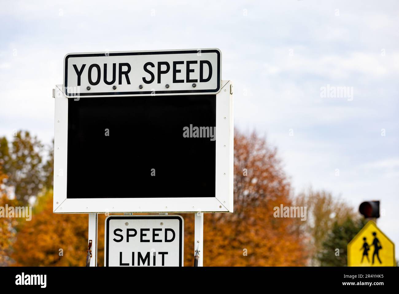 Radar speed trailer in residential neighborhood. Speeding ticket, speed