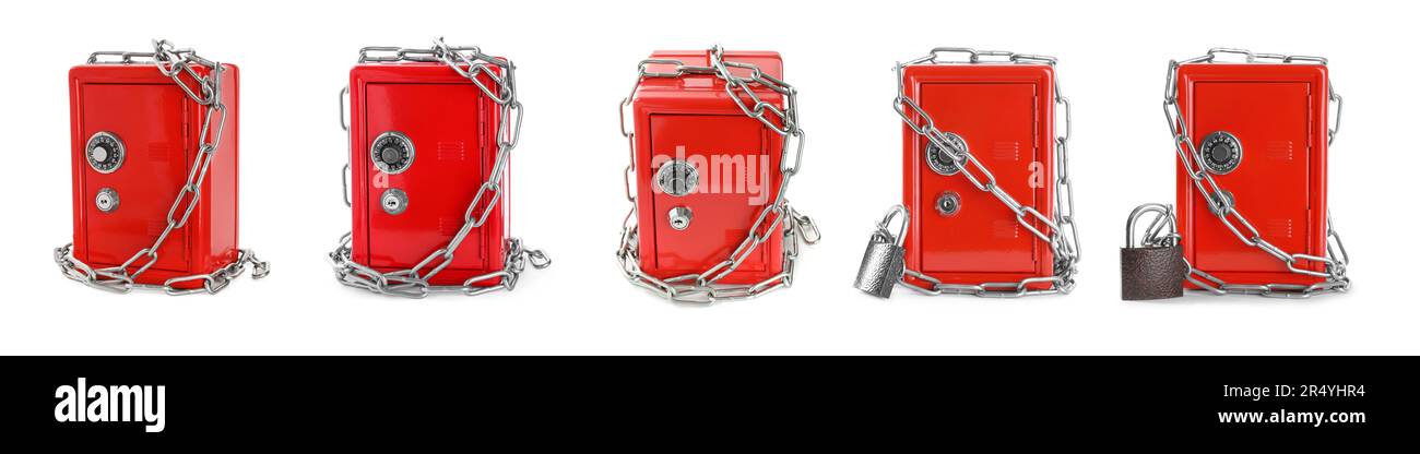 Closed red steel safe with chains and lock on white background, view ...