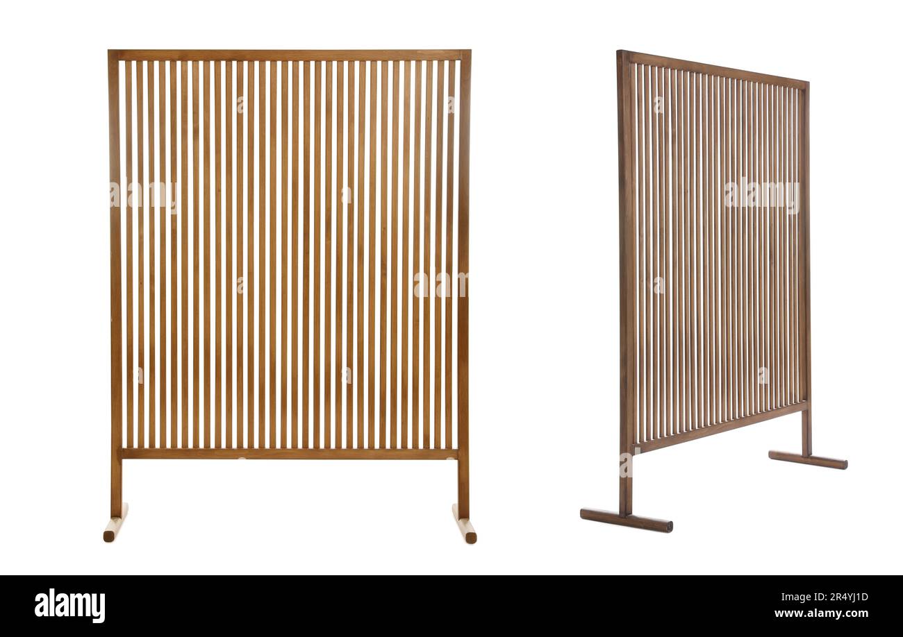Set with photos of wooden room divider screen on white background Stock