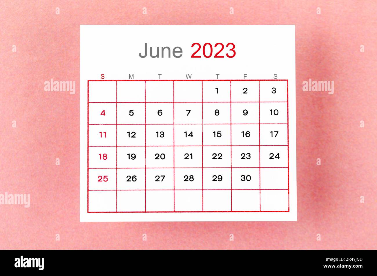 June 2023 Monthly calendar for 2023 year on pastel pink colour