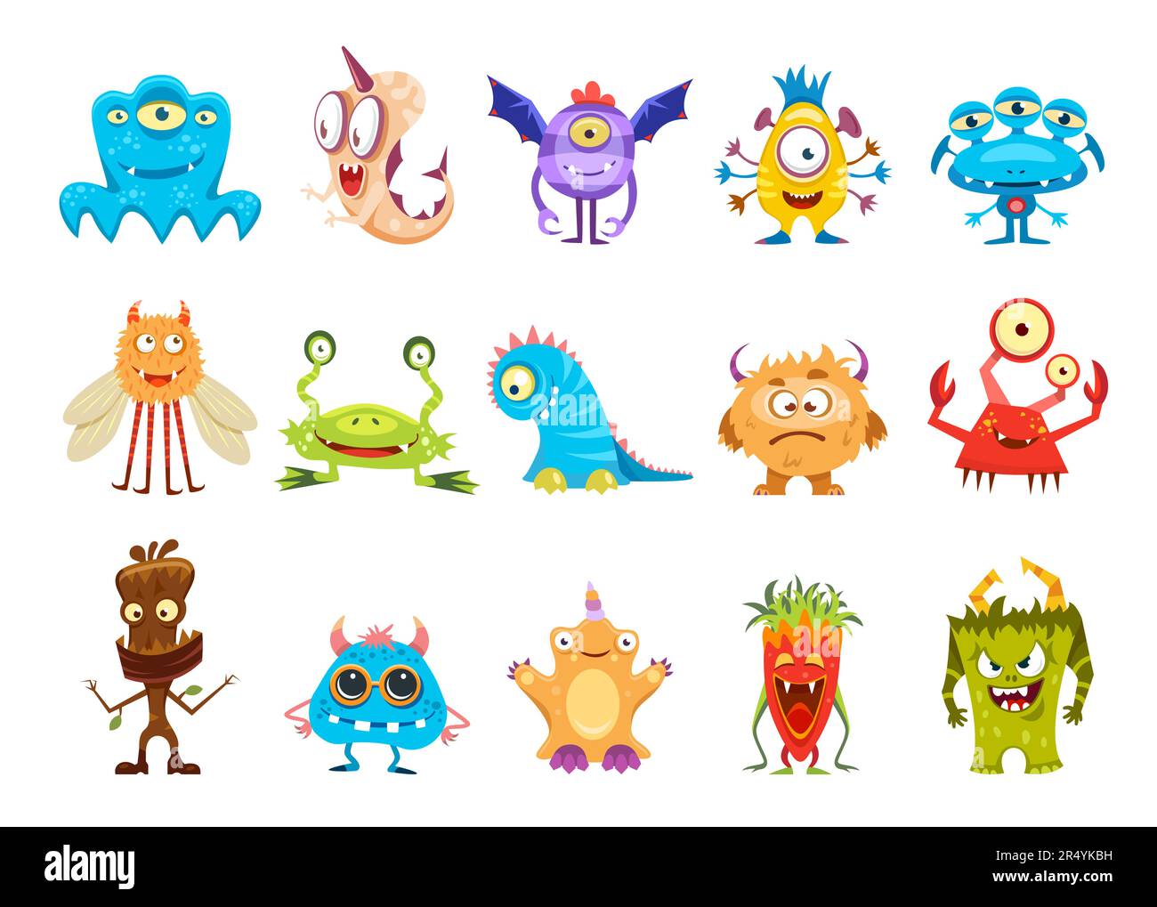 Cartoon cute funny monster characters and kids bizarre creatures, vector mutants. Silly monsters and alien animals troll, yeti and goblin with cheerful gremlin and cyclops or unicorn and furry fly Stock Vector