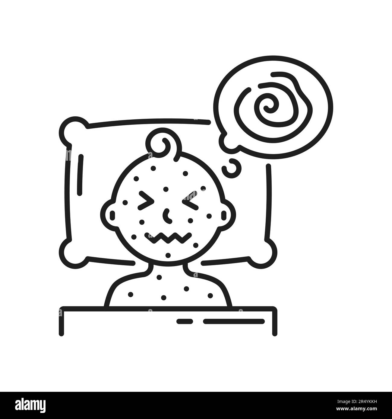 Sick child lying in bed with chicken pox outline icon. Vector skin disease, itching rashes on skin of young boy or girl. Measles treatment Stock Vector