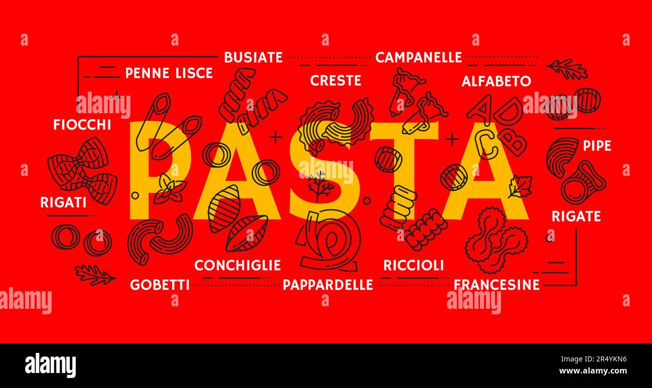 Pasta types banner, Italian cuisine food cooking or restaurant menu