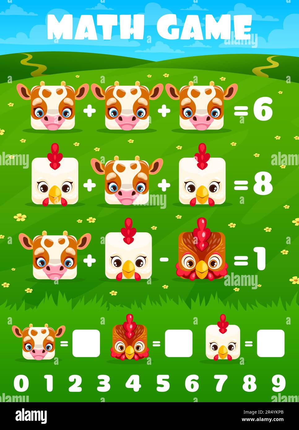 Rooster, hen and cow square animal faces. Math game worksheet. Vector