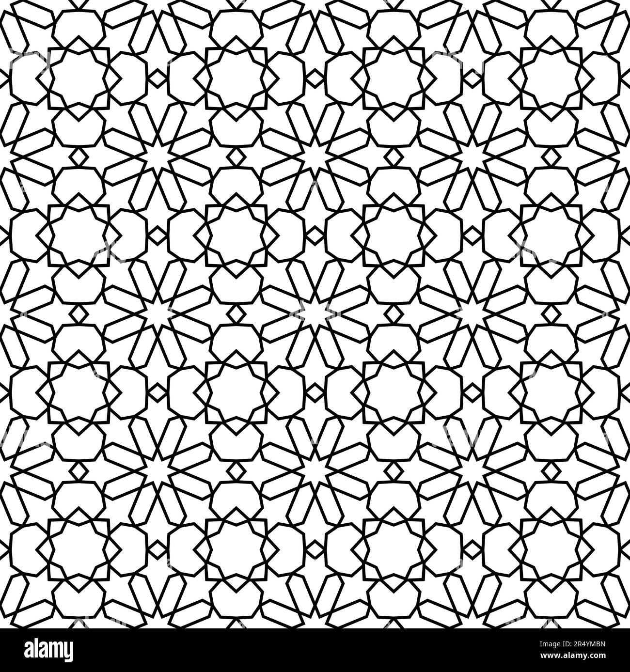 Mashrabiya arabesque arabic pattern. Seamless islamic background with vector islam ornament of abstract geometric shapes, oriental stars and floral elements. Arabian mosaic or tile monochrome motif Stock Vector