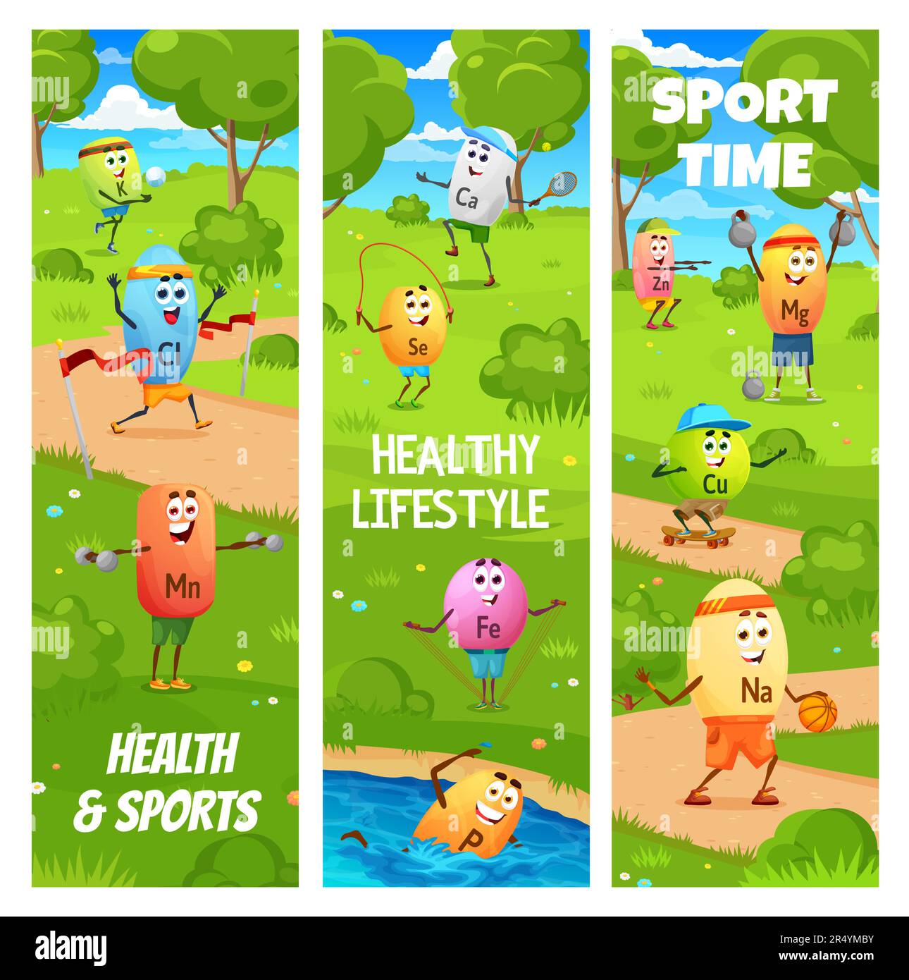 Sports and health, cartoon vitamin and mineral sportsman characters on