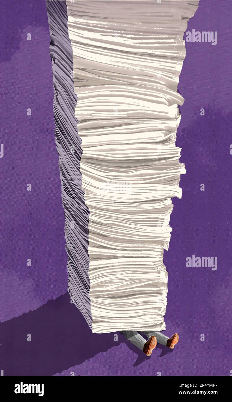 Conceptual illustration showing a person underneath a stack of paper ...