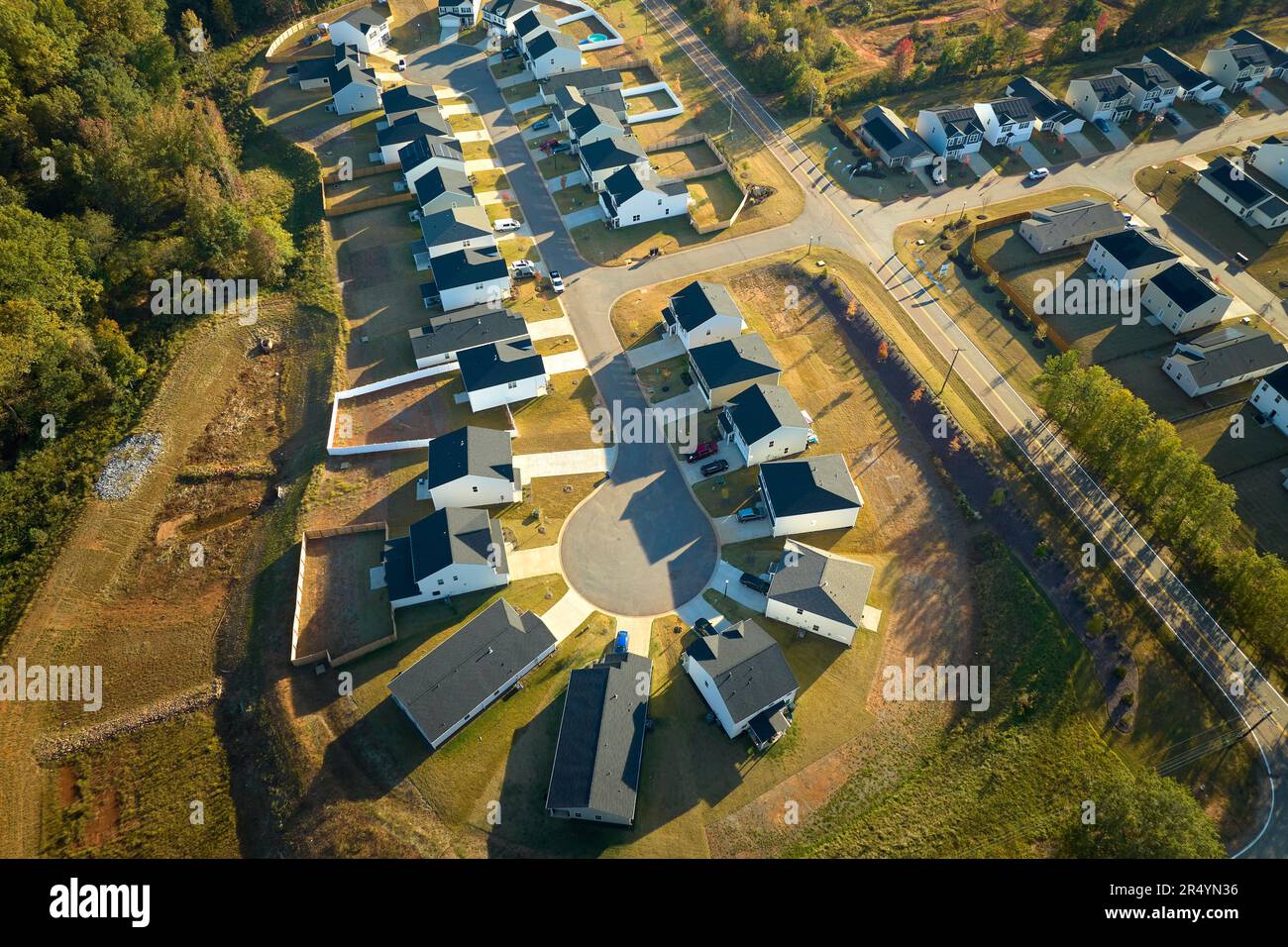Aerial view of culdesac at neighborhood street dead end with tightly