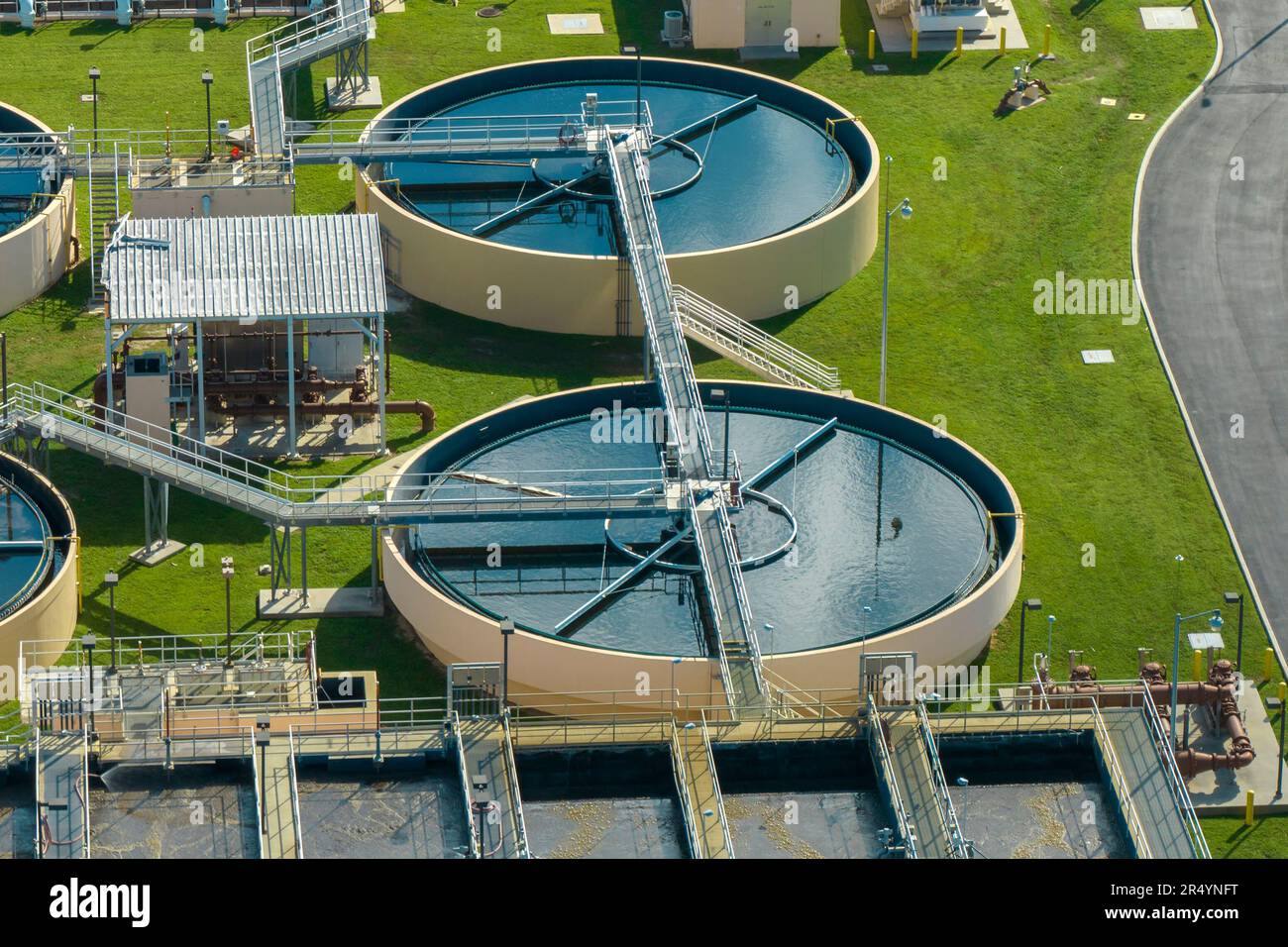 Aerial view of modern water cleaning facility at urban wastewater
