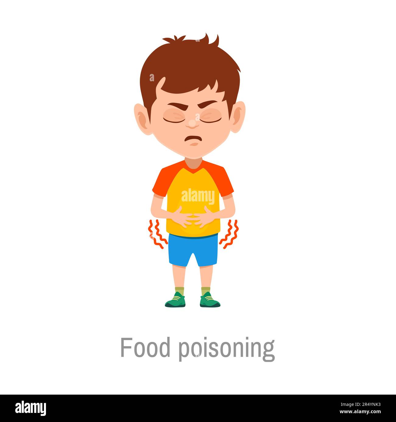Child food poisoning disease. Isolated vector sick boy with stomach