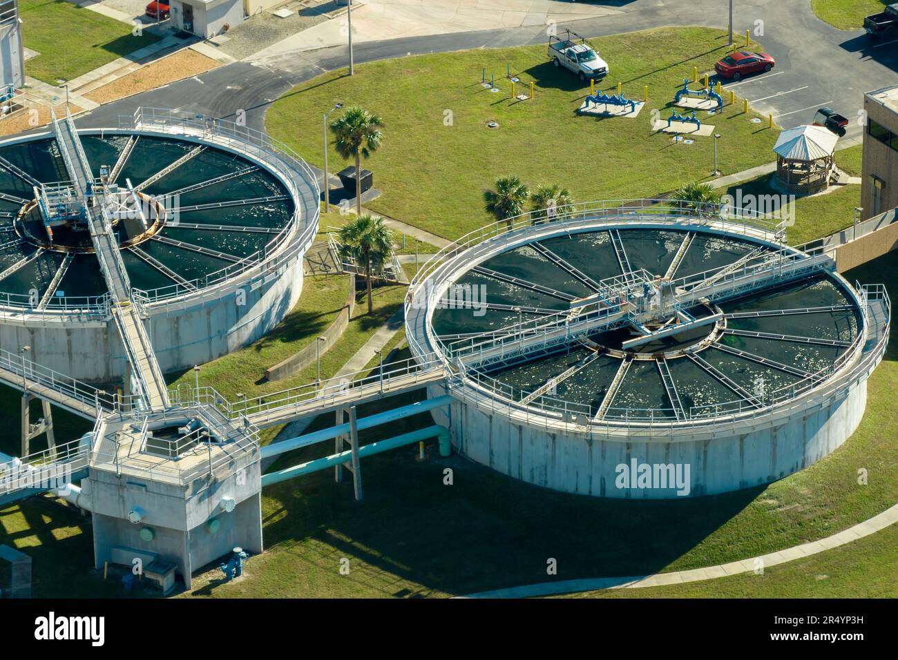 Aerial view of water treatment factory at city wastewater cleaning