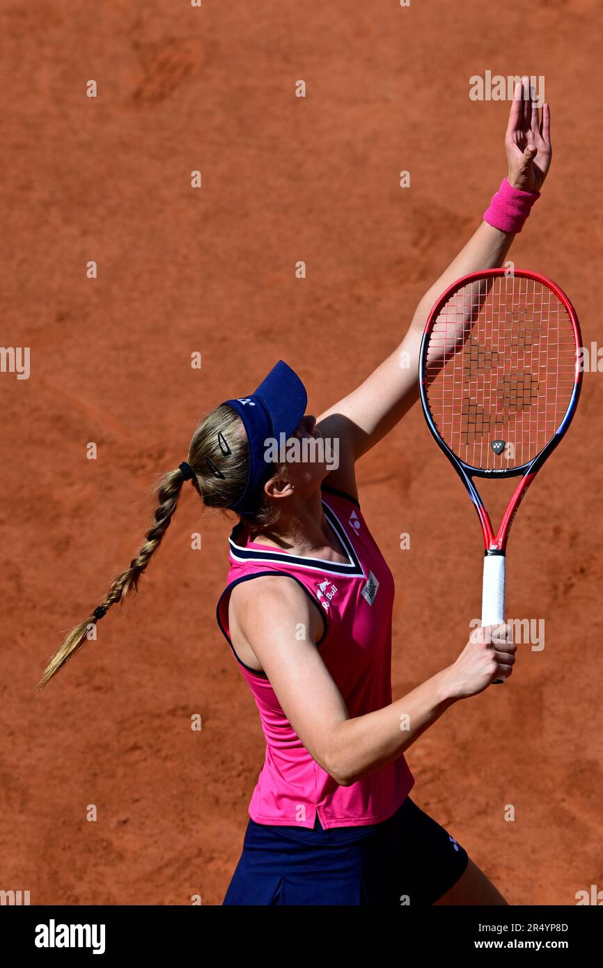 Paris, France. 30th May, 2023. Elena Rybakina of Kazakhstan serves during the women's singles first round match between Elena Rybakina of Kazakhstan and Brenda Fruhvirtova of the Czech Republic at the French Open tennis tournament at Roland Garros in Paris, France, on May 30, 2023. Credit: Julien Mattia/Xinhua/Alamy Live News Stock Photo