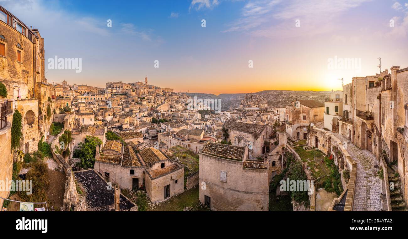 Matera, Italy overlooking Sassi di Matera at dawn. Stock Photo