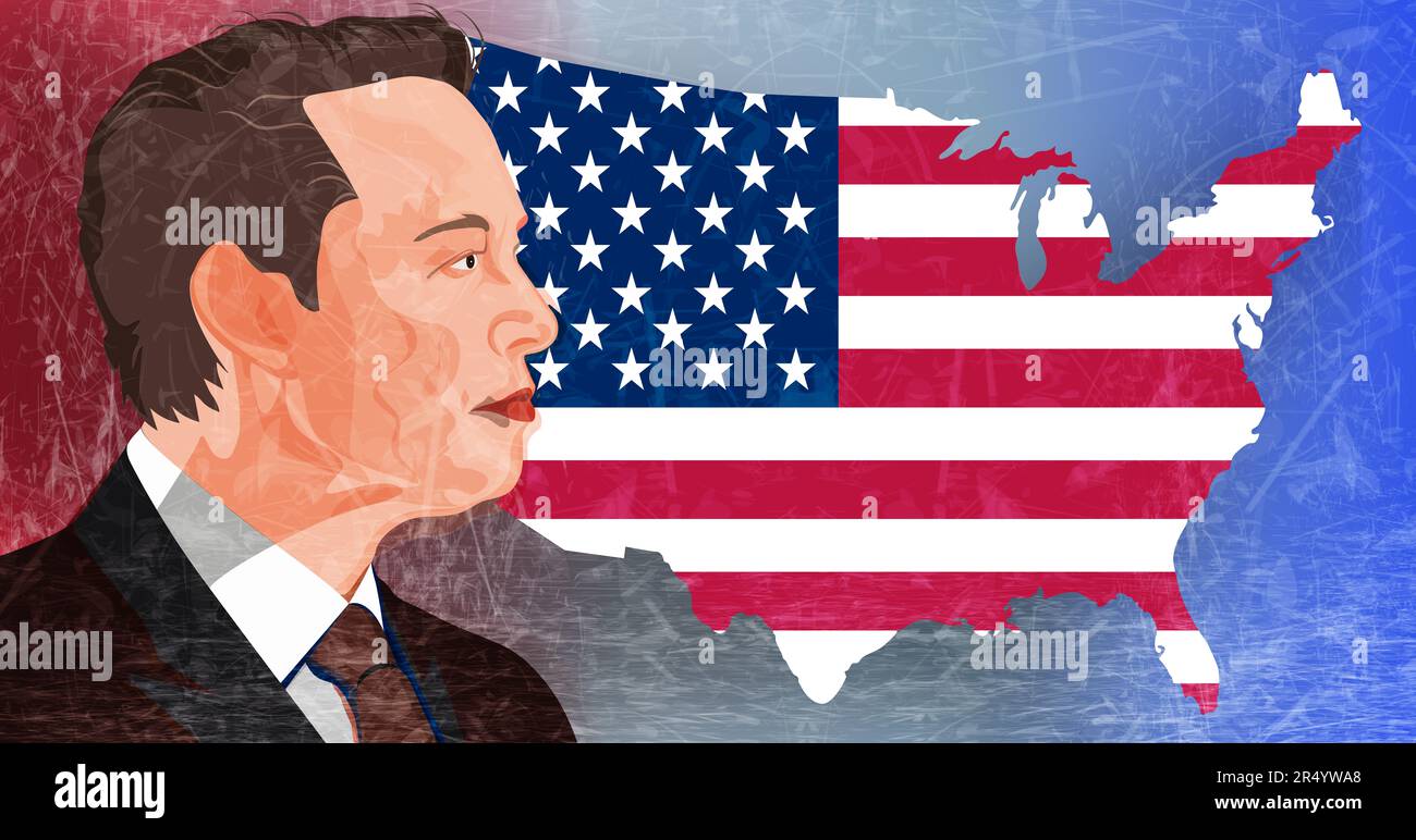 Portrait of Elon Musk on the background of a USA map with a flag Stock