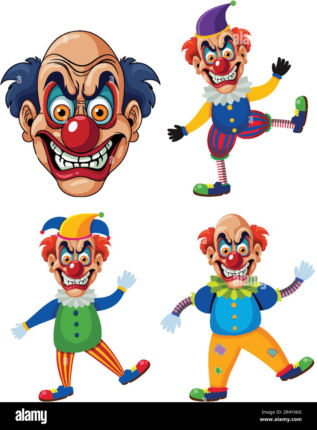 Set of creepy clown cartoon character on colourful outfit illustration ...