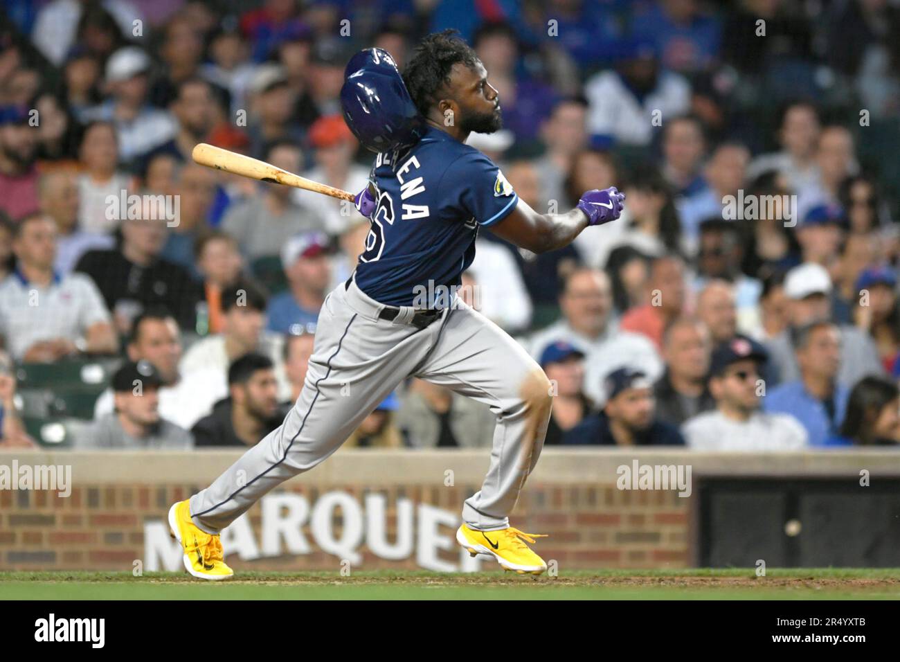 Tampa Bay Rays' Randy Arozarena watches his RBI single that scored ...