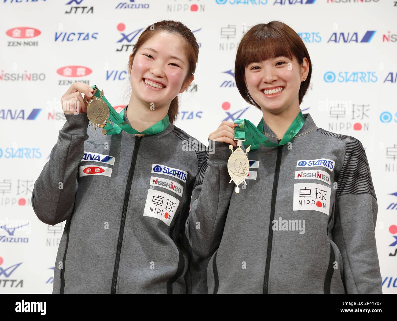 Miyuu Kihara, and Miyu Nagasaki show their medals at the 2023 ITTF