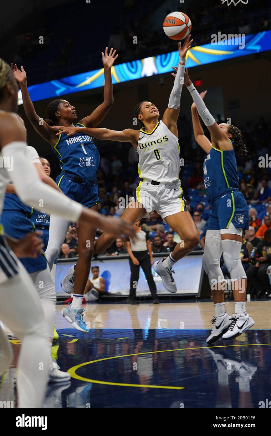 Satou Sabally from the Dallas Wings cuts through the middle of the paint to try to score during the WNBA game between Dallas Wings and Minnesota Lynx at College Park Center in Arlington, Texas on Tuesday May 30, 2023./Eyepix Group (Credit Image: © Javier Vicencio/eyepix via ZUMA Press Wire) EDITORIAL USAGE ONLY! Not for Commercial USAGE! Stock Photo