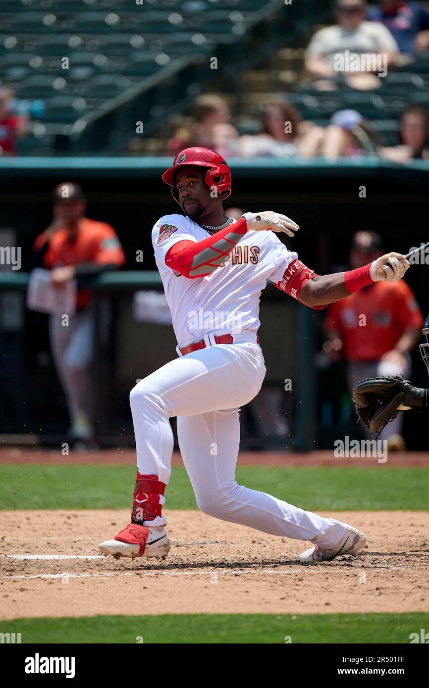 Memphis Redbirds Jordan Walker (18) at bat during an MiLB International  League baseball game against the Norfolk Tides on May 24, 2023 at AutoZone  Park in Memphis, Tennessee. (Mike Janes/Four Seam Images