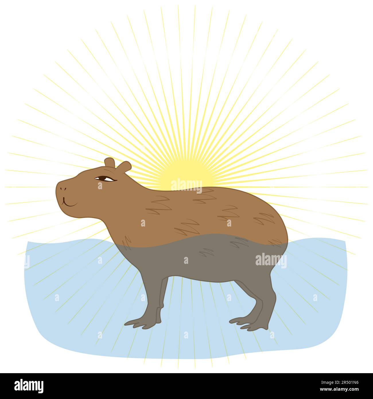 Satisfied capybara against the background of the sun Stock Vector