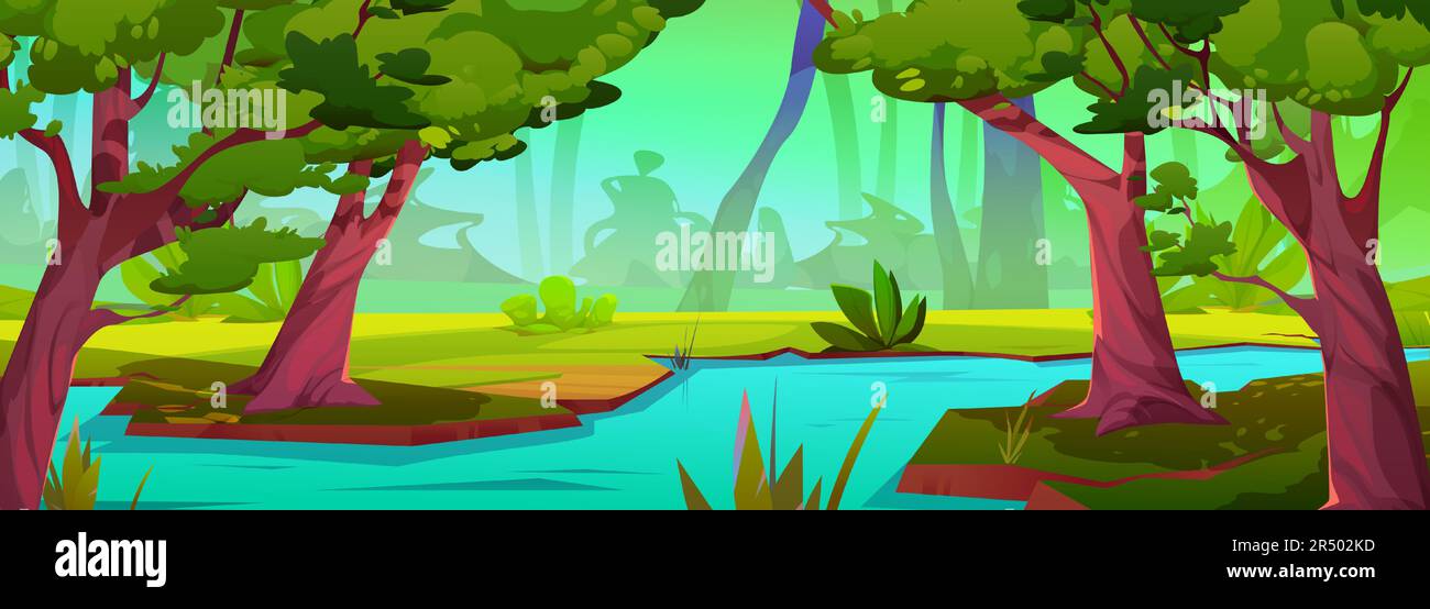 River in jungle forest vector tropical landscape background. Flowing stream water water cartoon nature illustration with green grass and wild amazon scenery. Rainforest game scene design in valley Stock Vector