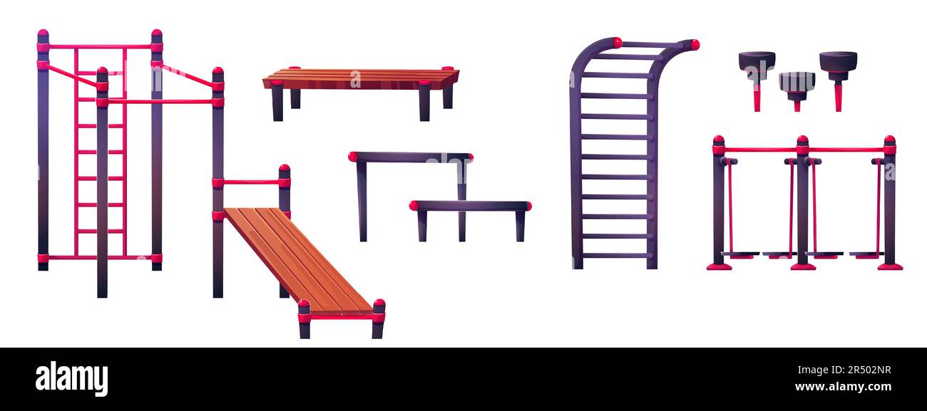 Outdoor street gym in park with fitness equipment for workout and training cartoon vector training isolated set. Adult sports icon with wooden bench ladder and red metal illustration collection Stock ...