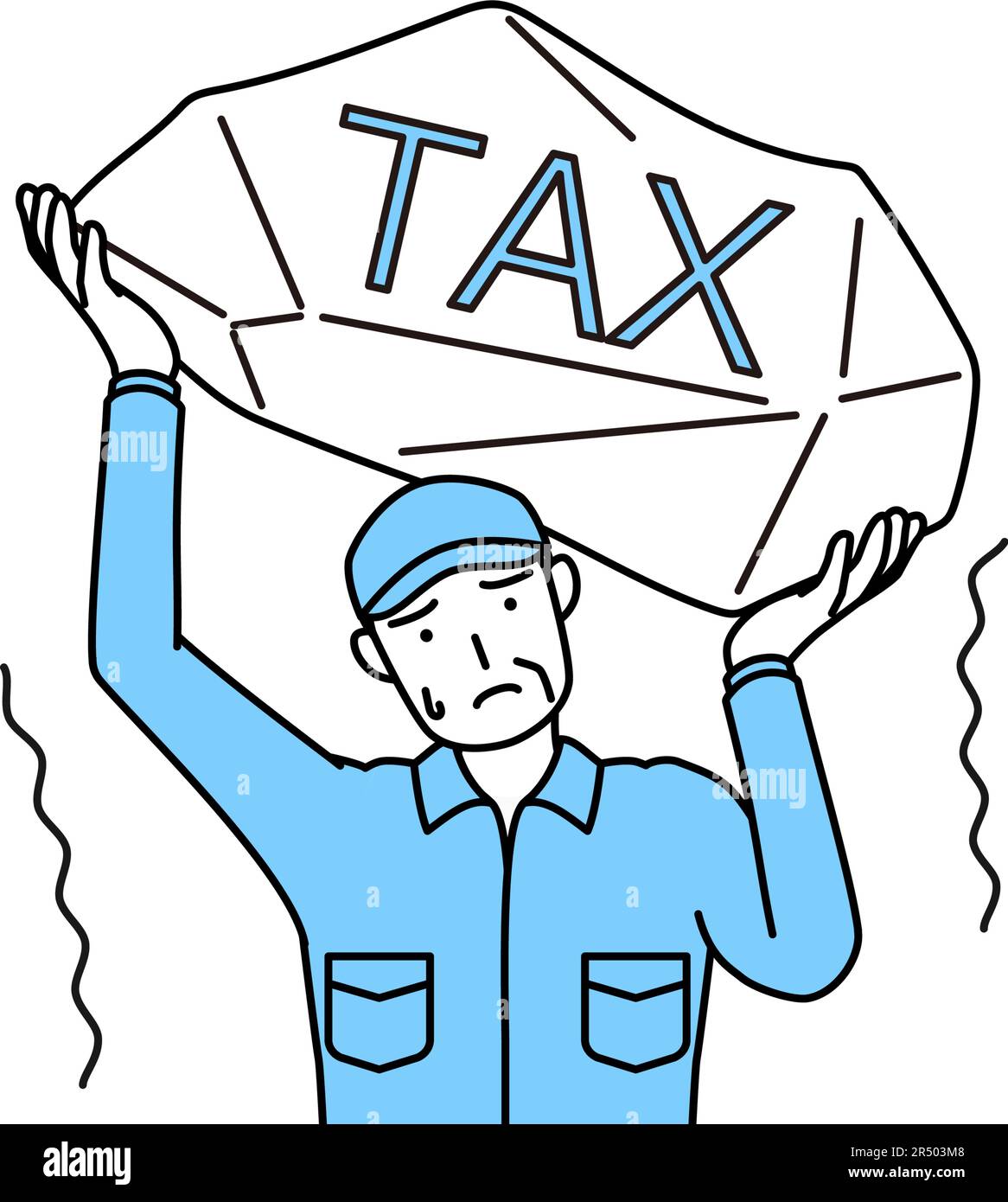 Senior man in hat and work clothes suffering from tax increases, Vector