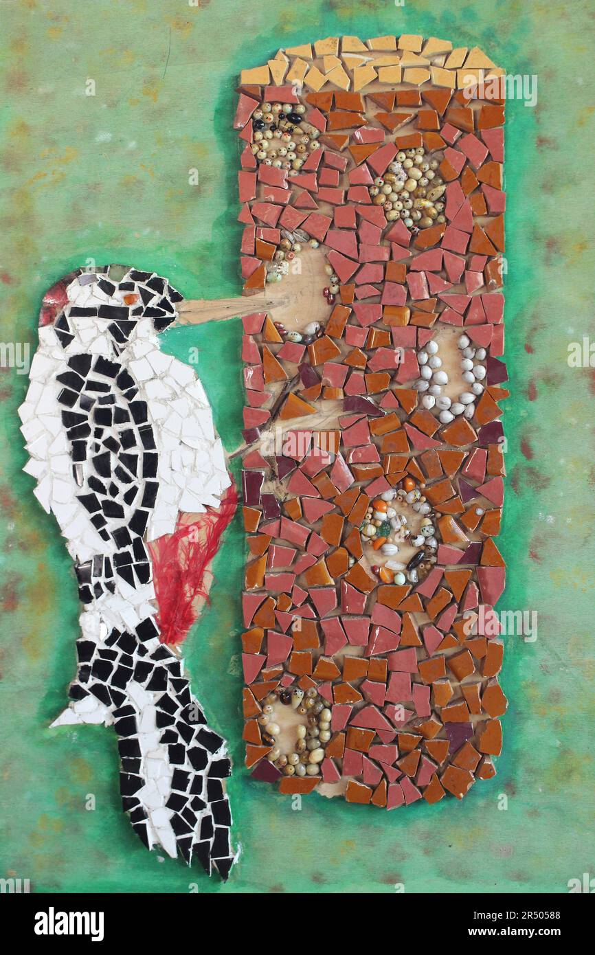 Great Spotted Woodpecker Mosaic Tile Art At Lake Vyrnwy RSPB Reserve, Powys, Wales, UK Stock Photo