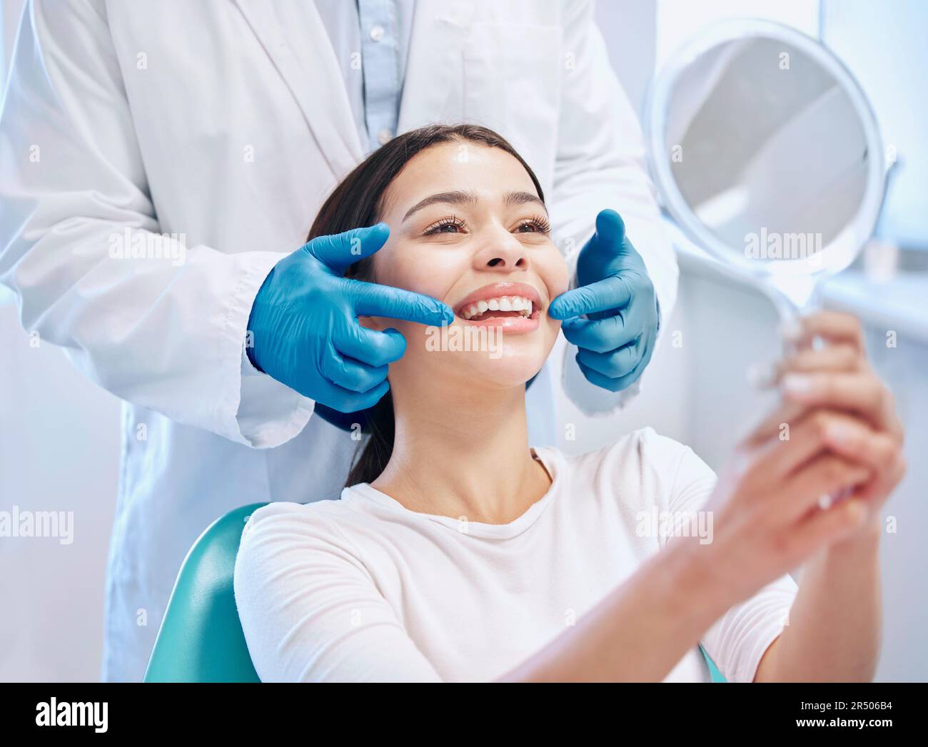 Dental consultation, mirror and woman with smile after teeth whitening