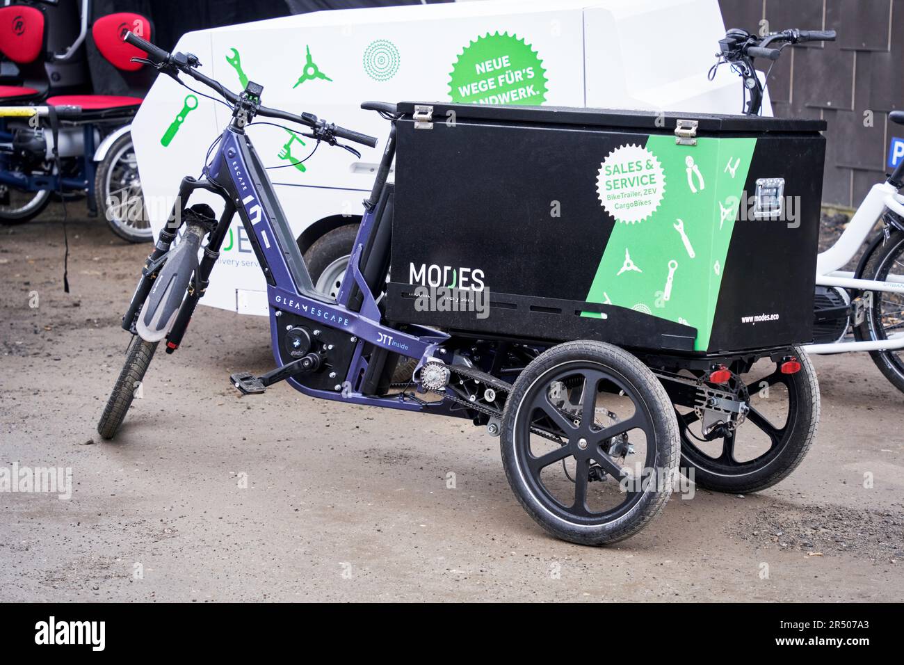 Braunschweig, Germany, March 5, 2023: Modes transport case for craftsmen who use an electric trike to transport their tools Stock Photo